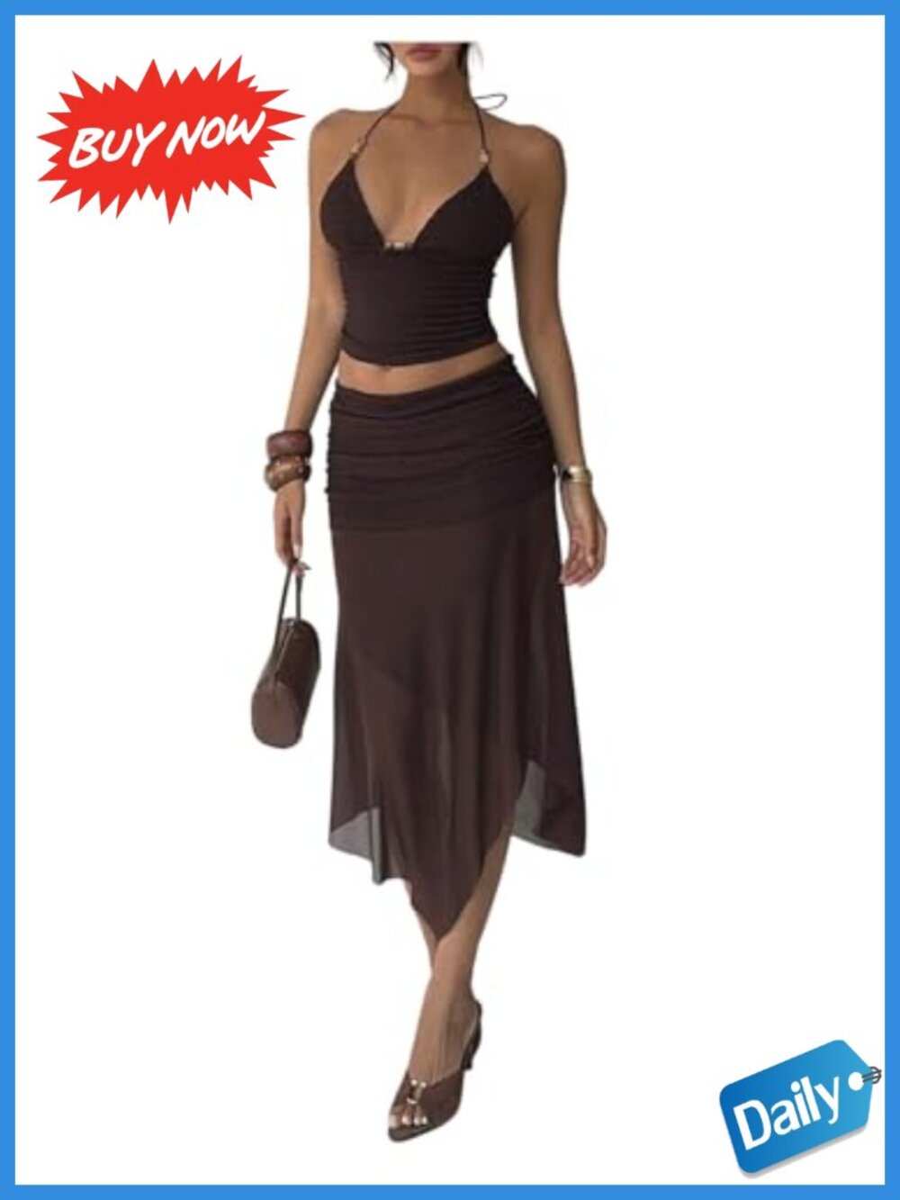 Women's 2 Piece Skirt Set Beaded Halter Crop Top Mesh Ruffle Co-ord Party